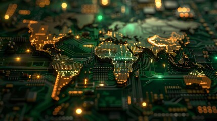 Obraz premium Global Interconnectedness Illuminated World Map on HighTech Circuit Board Capturing Technological Advancement and Global Connectivity Canon EOS R5