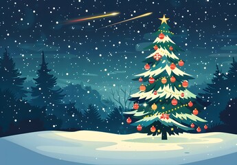Fototapeta premium Snowy Forest Christmas Tree with Shooting Stars