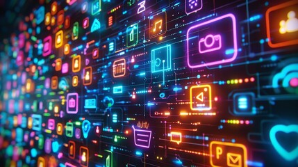 Neon Network Vibrant 3D Social Media Icons Emerging from Computer Screen in Technological Advancement Concept Canon EOS R5 Style