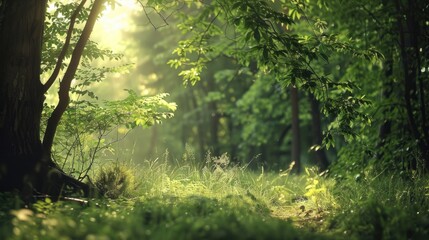 Obraz premium Natural dorest of woods with sunbeams through fog and leaves branch create mystic atmosphere. natural green beech forest in the morning light. busy forest with wood tree