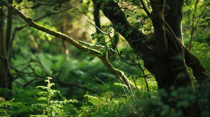 Natural dorest of woods with sunbeams through fog and leaves branch create mystic atmosphere. natural green beech forest in the morning light. busy forest with wood tree