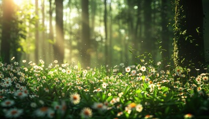 Obraz premium Natural dorest of woods with sunbeams through fog and leaves branch create mystic atmosphere. natural green beech forest in the morning light. busy forest with wood tree