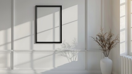 Fototapeta premium Minimalist Black Frame on White Wall Modern Interior Design Element with Realistic Depth and Detail