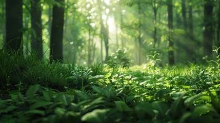 Natural dorest of woods with sunbeams through fog and leaves branch create mystic atmosphere. natural green beech forest in the morning light. busy forest with wood tree