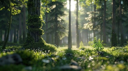 Fototapeta premium Natural dorest of woods with sunbeams through fog and leaves branch create mystic atmosphere. natural green beech forest in the morning light. busy forest with wood tree