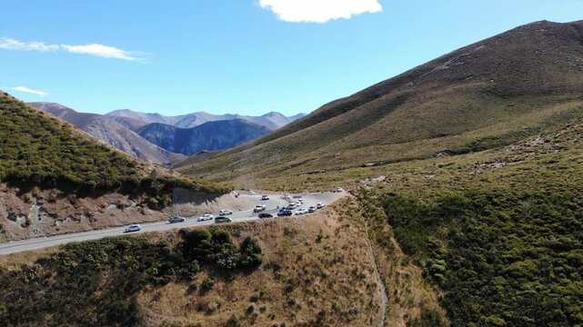 aerial panorama of porters pass in canterbury, new zealand south island; state highway 73 connecting westland with Christchurch; mountain pass in Southern Alps