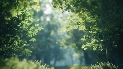 Fototapeta premium Natural dorest of woods with sunbeams through fog and leaves branch create mystic atmosphere. natural green beech forest in the morning light. busy forest with wood tree