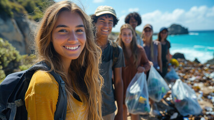 Group of young volunteers collecting trash on a rocky beach