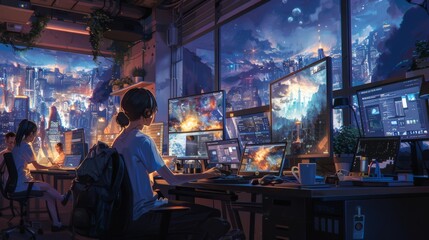 Nighttime Cityscape View From a Futuristic Office