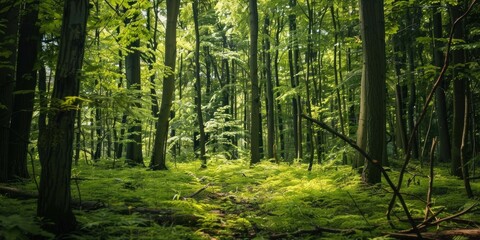 Natural dorest of woods with sunbeams through fog and leaves branch create mystic atmosphere. natural green beech forest in the morning light. busy forest with wood tree