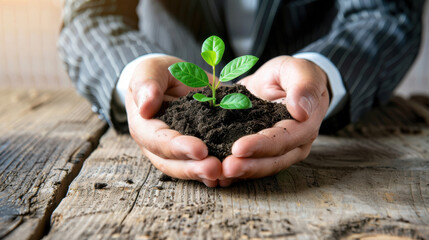 A photograph of hands cupping a small green plant growing in soil, the hands are in a business suit, the plant is thriving with new leaves, close-up shot