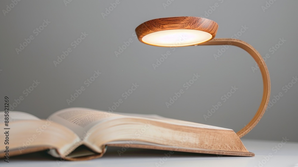 Poster a desk lamp sitting on top of an open book with text visible