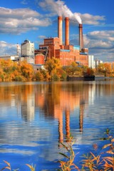 Obraz premium Wood pellet power plant emitting steam from towers in a scenic and picturesque setting