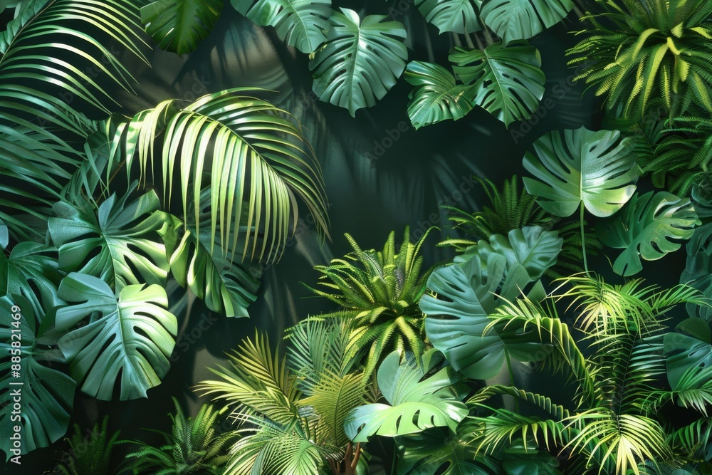 Poster a grouping of tropical plants illuminated only by indirect light, perfect for use as a background or