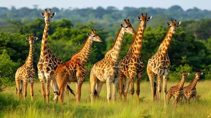 Fototapeta premium Giraffe Family: A group of giraffes, including adults and calves.
