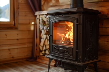 Wood pellet stove showcasing burning pellets visible through a transparent window