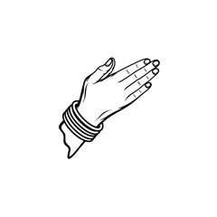 Hands together in a namaste gesture wearing a black and white side view bracelet line art vector