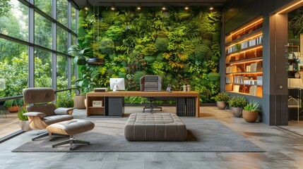 A modern, environmentally friendly office environment that promotes employee health, with lush living green walls, natural light and ergonomic furniture, designed for comfort and productivity.