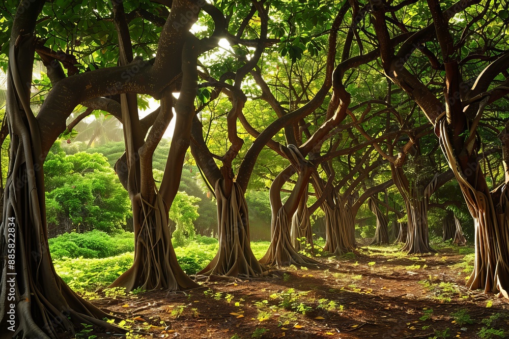 Aufkleber sunlight illuminating a path through banyan trees creating a mystical forest