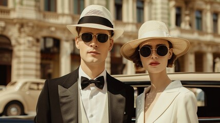 Fashionable couple in 1920s attire, set against a backdrop of vintage cars and art deco architecture, highlighting the distinctive motifs of the era