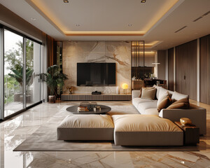 Luxury Modern Living Room Interior with Sectional Sofa and Minimalist Decor in 3D Render