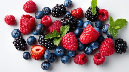 14. Assorted fresh berries and mint leaves on a white background
