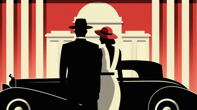 Fashionable couple in 1920s attire, set against a backdrop of vintage cars and art deco architecture, highlighting the distinctive motifs of the era