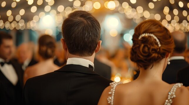 Glamorous ballroom scene, guests adorned in antique attire and jewelry, a celebration of vintage elegance and luxurious charm