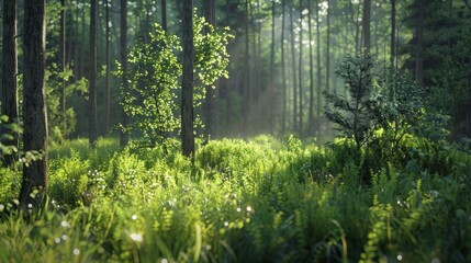 Fototapeta premium Natural dorest of woods with sunbeams through fog and leaves branch create mystic atmosphere. natural green beech forest in the morning light. busy forest with wood tree