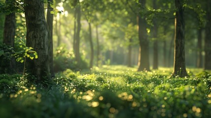 Obraz premium Natural dorest of woods with sunbeams through fog and leaves branch create mystic atmosphere. natural green beech forest in the morning light. busy forest with wood tree
