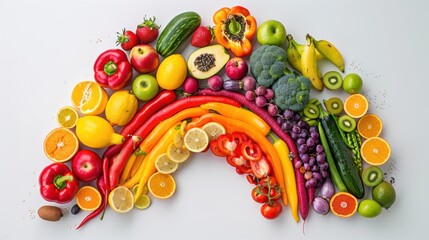 1. Fresh organic vegetables and fruits arranged in a rainbow pattern on a white background © worapong