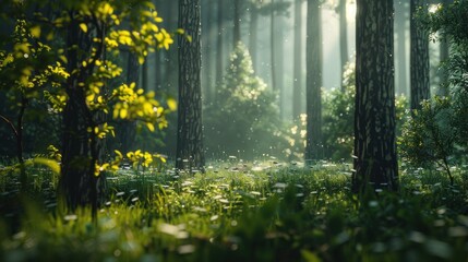 Fototapeta premium Natural dorest of woods with sunbeams through fog and leaves branch create mystic atmosphere. natural green beech forest in the morning light. busy forest with wood tree