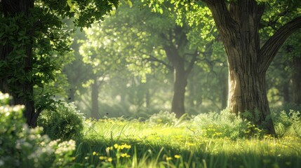 Natural dorest of woods with sunbeams through fog and leaves branch create mystic atmosphere. natural green beech forest in the morning light. busy forest with wood tree