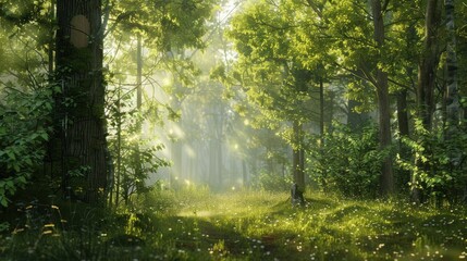Obraz premium Natural dorest of woods with sunbeams through fog and leaves branch create mystic atmosphere. natural green beech forest in the morning light. busy forest with wood tree