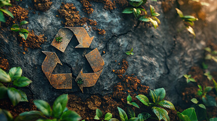 Rusty recycling symbol on soil with green plants and leaves around it