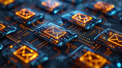 3D render of glowing Force mail icons on a digital screen background with a data flow and web communication concept, in the style of orange, indigo and gunmetal colors