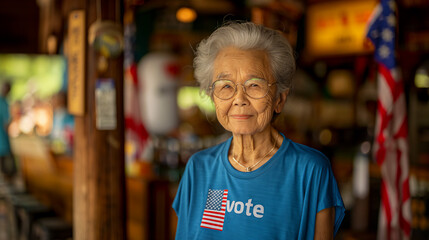 elderly Asian woman standing in front of American flag with vote t-shirt, get out the vote, copy space
