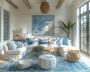 Modern Coastal Living Room with Light Blue Furniture and Nautical Decor in 3D Render