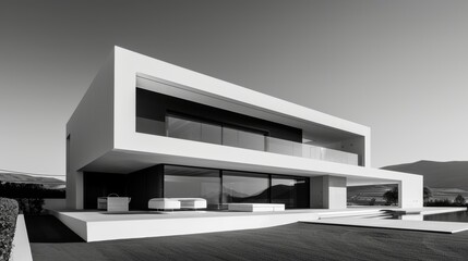 Modernist architectural plan, sleek lines and open spaces, innovative arrangement of rooms, emphasizing functionality and minimalist design