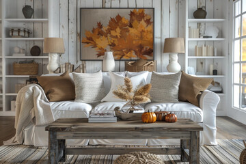 white sofa fall-themed decor stylish cozy minimalist living room.  sofa several pillows throw blanket coffee table with pumpkins. room decorated farmhouse style.room feel with plenty of natural light.
