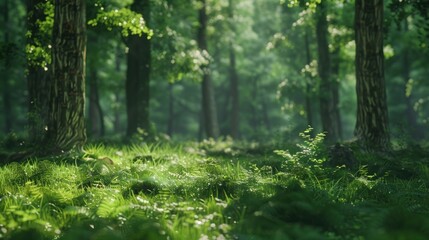 Obraz premium Natural dorest of woods with sunbeams through fog and leaves branch create mystic atmosphere. natural green beech forest in the morning light. busy forest with wood tree
