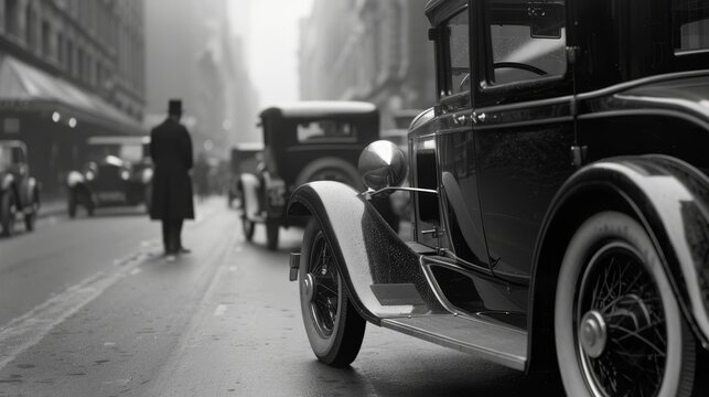 Nostalgic 1920s street scene, classic cars and fashion, bustling with life, capturing the essence of the Roaring Twenties in a timeless black-and-white photograph
