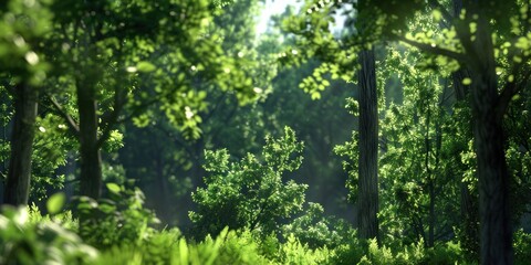 Fototapeta premium Natural dorest of woods with sunbeams through fog and leaves branch create mystic atmosphere. natural green beech forest in the morning light. busy forest with wood tree