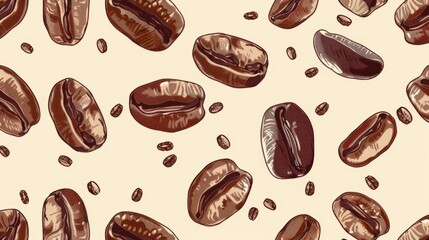 Seamless coffee bean pattern with falling beans, food doodle sketch backdrop