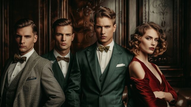 Men and women in 1920s outfits, sharp suits and flapper dresses, highlighting the era's iconic shapes and fashion trends, set against a jazz club backdrop