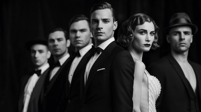 Men and women in 1920s outfits, sharp suits and flapper dresses, highlighting the era's iconic shapes and fashion trends, set against a jazz club backdrop