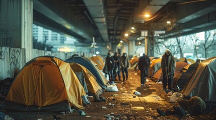 Fototapeta premium Homeless individuals seeking shelter under a bridge in a metropolitan city