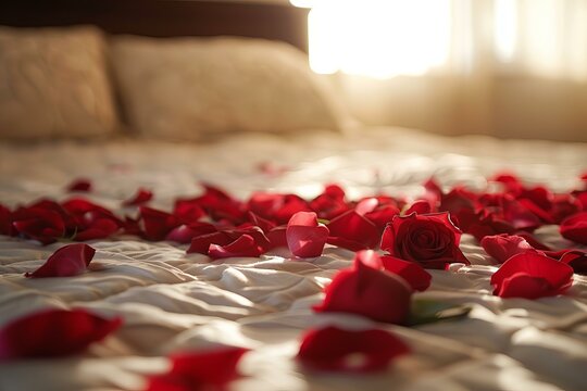 Red rose petals creating romantic atmosphere on hotel bed in morning light