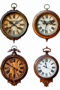 A group of four clocks showing different times