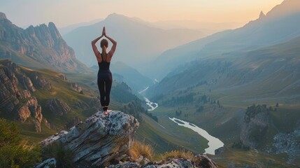 A yogi in a serene mountain setting practicing advanced yoga poses, demonstrating flexibility and balance